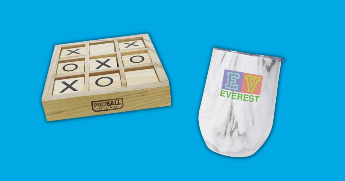 A picture of two promotional items, a wooden tic-tac-toe board and an insulated cup. Both have company logos on them.