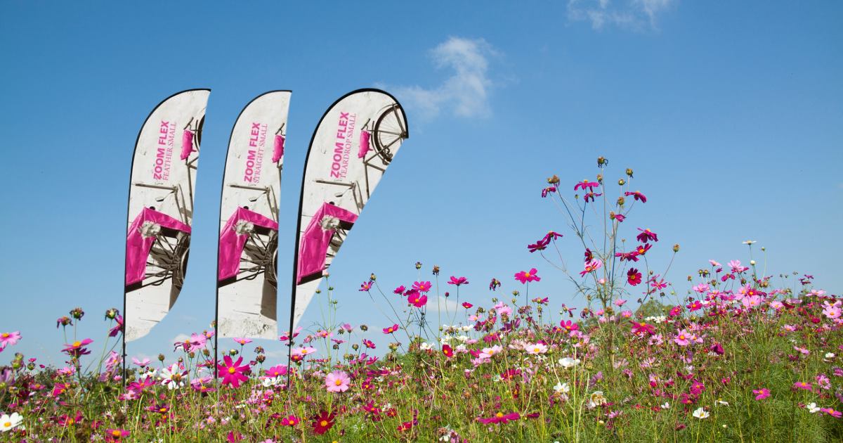 Feather flags in a field of flowers