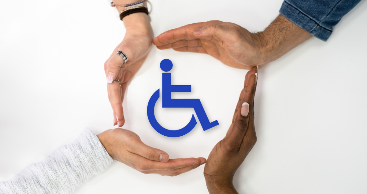 Hands surrounding the International Symbol of Access
