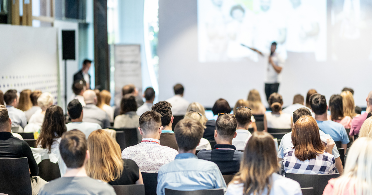 A business conference with speakers
